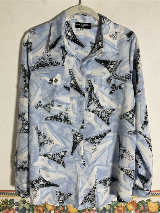 Karl Lagerfeld Tops - Karl Lagerfeld Paris Whimsical Eiffel Tower Roll-Tab Blouse Size S Blue